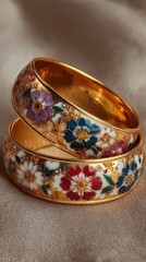 Beautifully crafted bangles with floral design in vibrant colors on a soft fabric background