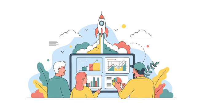 Adobe illustrator vector flat style illustration: A diverse team analyzes business charts on a large screen as a rocket launches upwards, symbolizing growth and startup success