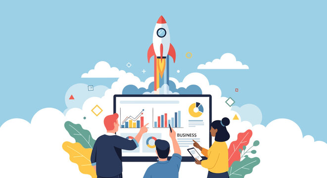 Adobe illustrator vector flat style illustration: A diverse team analyzes business charts on a large screen as a rocket launches upwards, symbolizing growth and startup success