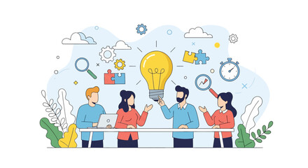 Adobe illustrator vector flat style illustration of A diverse team engages in creative collaboration during a meeting, with a large lightbulb symbolizing ideas and problem-solving