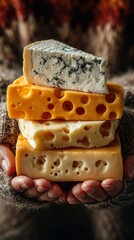 Cheese lover holds a stack of assorted cheeses in cozy autumn atmosphere