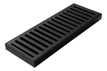 Drainage trench grate with a sleek linear design for directing rainwater away from a private house driveway.