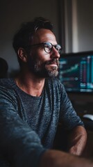 Obraz premium Focused investor reviewing data in a cozy workspace