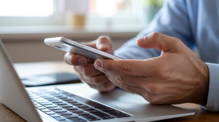 Young caucasian male using smartphone and laptop at work desk