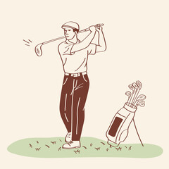 Middle aged golfer swinging a club on green grass in doodle style. Hand drawn vector scene for golf themed projects, apps.