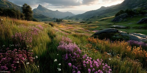 Vibrant wildflowers bloom in a serene valley at sunset surrounded by majestic mountains