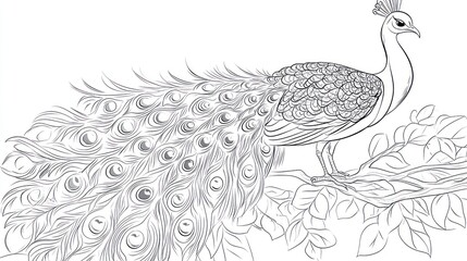 Fototapeta premium Peacock on Branch, Line Art, Coloring Page