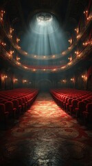 Glistening light fills an empty theater showcasing elegant architecture and red seating during a quiet afternoon