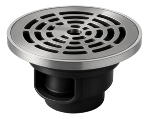 Basement floor drain with a backflow preventer, essential for managing water entry in lower levels of a home.