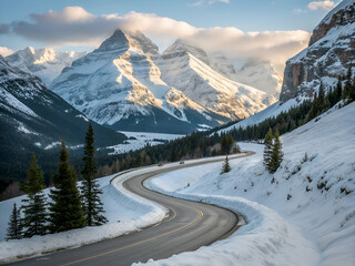 Winding Road to Mountain Majesty: An awe-inspiring winter landscape unfolds, with a snaking road cutting through a valley towards majestic, snow-dusted mountain peaks.