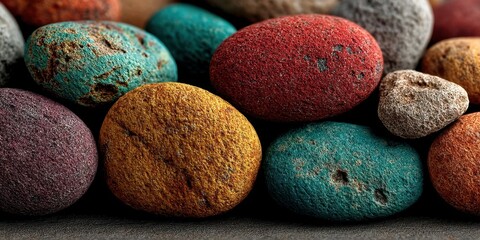 Colorful stones in various hues arranged closely together on a flat surface during daylight hours in a natural setting