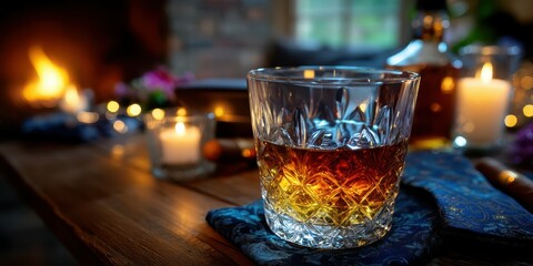 Warm ambiance with a glass of whiskey near a cozy fireplace during a tranquil evening at home