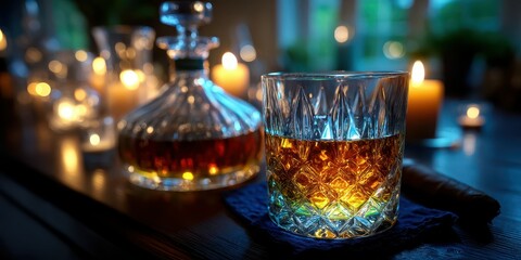 Elegant glass of whiskey beside candles and a decanter in a cozy dimly lit setting during the evening