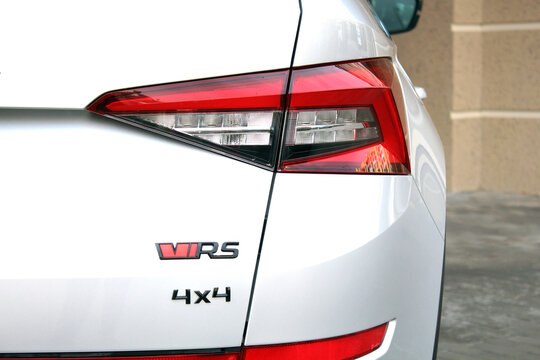 Vinnytsia, Ukraine; January 30, 2025. Car tail light. Skoda Kodiaq VRS tail light. Skoda Kodiaq rear light. Skoda Kodiaq emblem on rear part of the body and rear bumper. 