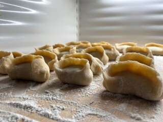 Homemade Handmade Dumplings on Wooden Cutting Board – Flour-Sprinkled Rustic Scene for Healthy Cooking & Preserves