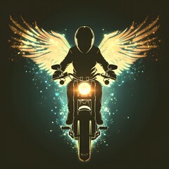 Silhouette of a person riding a motorcycle with glowing angel wings behind them in a dark background for a fantasy or superhero themed image