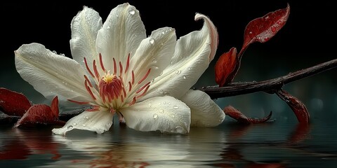Delicate white flower resting on calm water with raindrops glistening at twilight