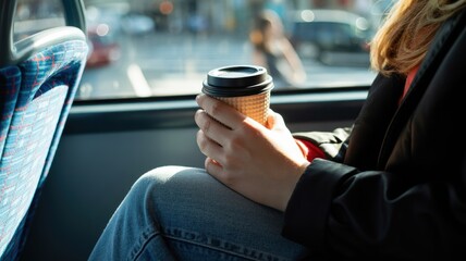 Young caucasian female holding coffee cup on public bus during daytime commute