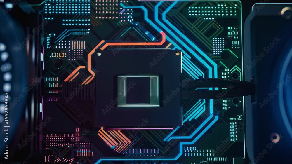 Poster close up of an illuminated computer motherboard with cpu for technology, data, and engineering theme