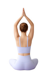 A woman sits in a yoga pose with hands raised in prayer, wearing a light purple athletic outfit. Png, Transparent background.