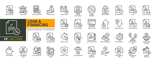 Minimalist Loan & Financing line icons set with editable stroke, featuring mortage, bank, calculator, cars, deposit, convenience loan, applicant, interest rate, loan payday. thin linear illustration.