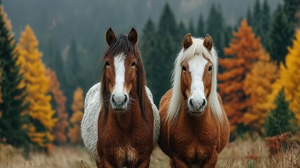 Horses standing together in a colorful autumn forest setting during the late afternoon
