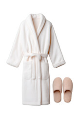 Soft bathrobe with a matching pair of slippers, designed for comfort and relaxation. Png, Transparent background.