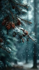 Snow falls gently on pine branches adorned with cones in a serene winter forest setting