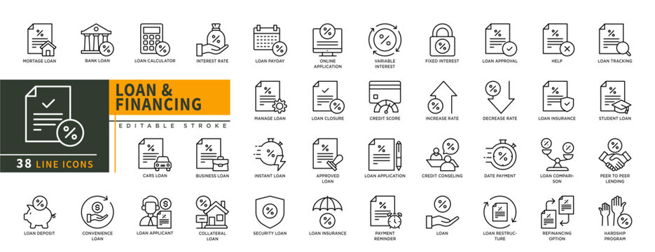 Minimalist Loan & Financing line icons set with editable stroke, featuring mortage, bank, calculator, cars, deposit, convenience loan, applicant, interest rate, loan payday. thin linear illustration.