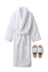 Cozy white bathrobe and matching slippers arranged neatly. Png, Transparent background.