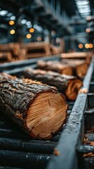 Logs resting on a conveyor belt inside a sawmill during daytime, showcasing the wood processing activity