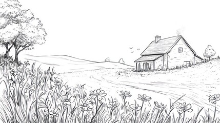 Obraz premium Countryside sketch, charming house, rolling hills