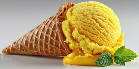 Delicious yellow ice cream cone with a creamy scoop and mint leaves on a gray background