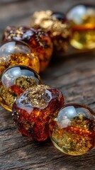 Beautiful amber beads glisten under soft light showcasing intricate details and textures on a wooden surface