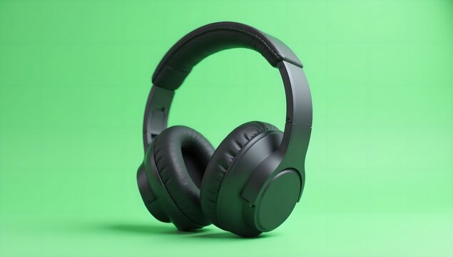 Black over-ear headphones isolated on a vibrant green screen background
