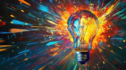 A glowing lightbulb erupts in a vibrant explosion of color