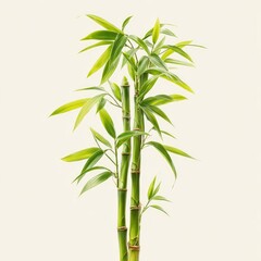 Obraz premium Three vibrant green bamboo stalks with lush, bright leaves against a plain off-white background