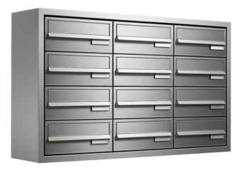 A modular mailbox unit with multiple slots for a residential complex.