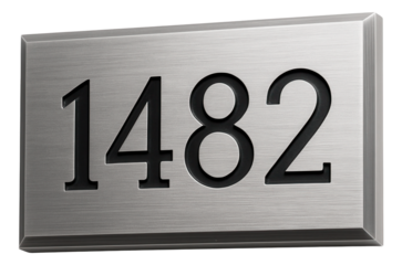 House number plaque with a classic rectangular shape crafted from brushed aluminum, suitable for a suburban home entrance.