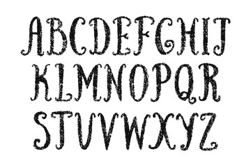 English alphabet hand drawn with childrens crayons pencils with textured effect. Kids font with chalk texture. Vector black ABC for educational banners, school, kindergarten.