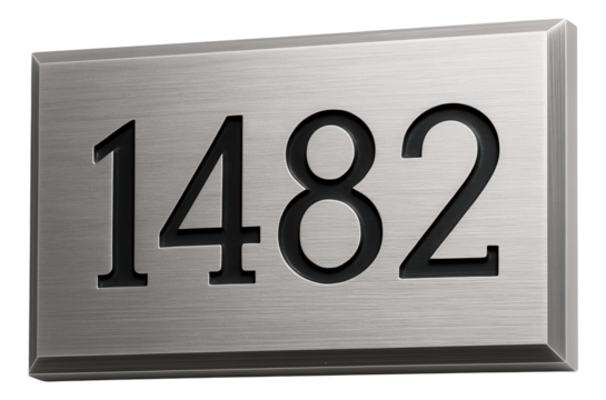House number plaque with a classic rectangular shape crafted from brushed aluminum, suitable for a suburban home entrance.