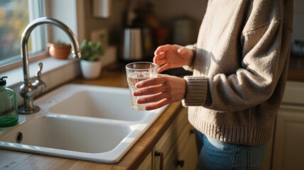 Caucasian female adult holding a glass of water in a sunlit kitchen