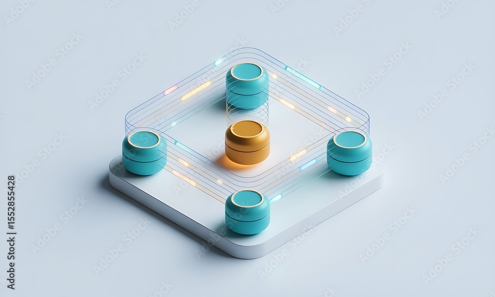 Poster data containers connect in a network, highlighting collaboration and efficiency, in a conceptual des