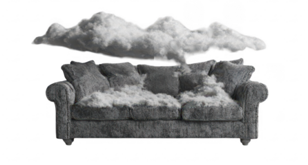 Gray couch with a fluffy cloud above, suggesting displacement or escape