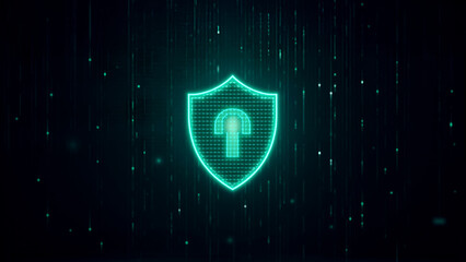 Digital shield icon, glowing blue-green symbol of security and protection, modern design for cyber safety themes.