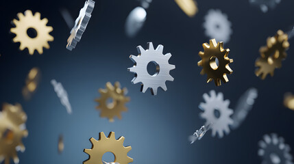 Golden and silver abstract gears floating in harmony, symbolizing precision and interconnected motion