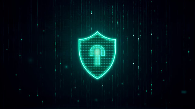 Digital shield icon, glowing blue-green symbol of security and protection, modern design for cyber safety themes.