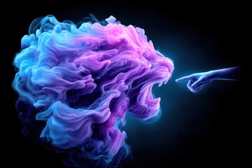 A vibrant, swirling cloud of blue and purple smoke forms the shape of a lion's head, reaching towards an outstretched human hand in a dark background.