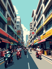 A busy street in downtown Bangkok during the day