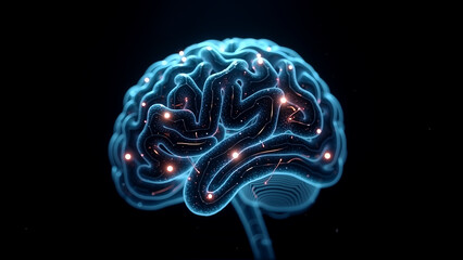 Abstract blue brain illustration, digital art depicting neural connections and data flow, great for tech and science themes.
